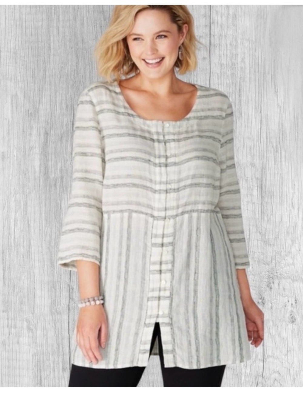 J.Jill Pure Jill Cotton Linen Blend White Grey Striped Tunic Top Size large.